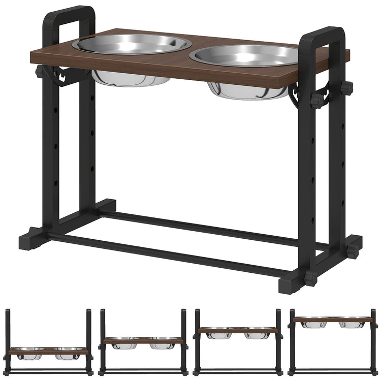 PawHut Raised Dog Bowls with Stand, 4 Heights Adjustable Pet Feeder with 3 Adjustable Angles for Small, Medium & Large Breeds, Brown
