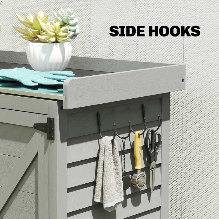 Outsunny Wooden Garden Shed, Garden Tool Storage Shed with Shelf and Side Hooks, 71.5 x 39 x 95 cm, Grey