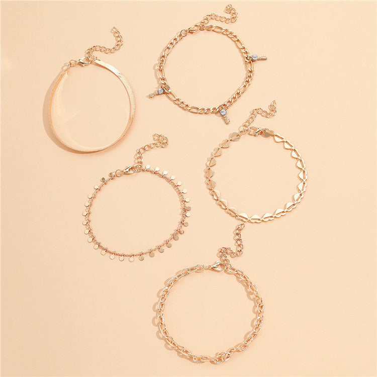 5 Pcs Women Fashion Gold Color Heart Crystal Key Anklets For Women Trendy Snake Chain Anklets For Women Foot Jewelry Gifts