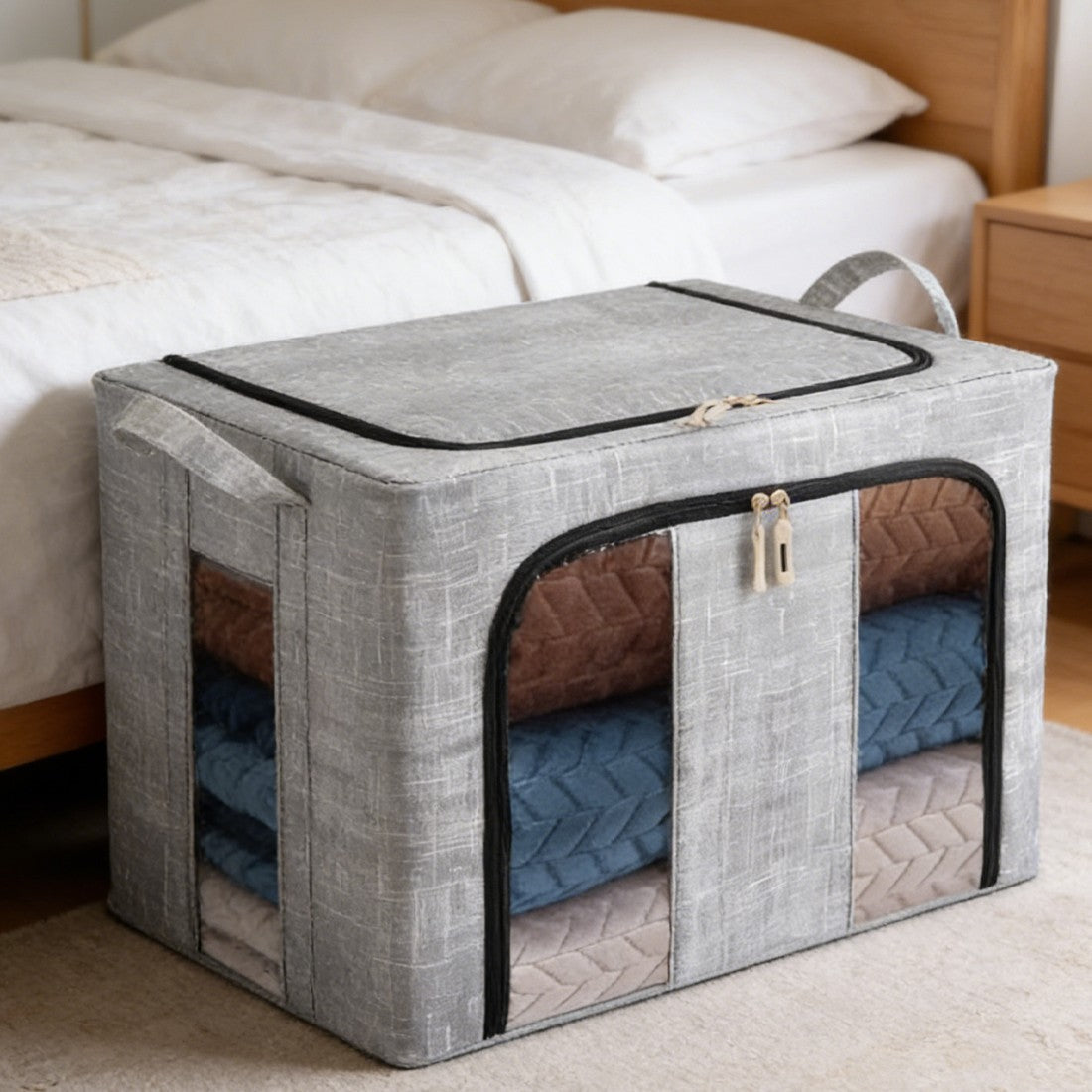 2 Pack Extra Large 66L Folding Storage Boxes Fabric Steel Frame Wardrobe Clothes Organiser