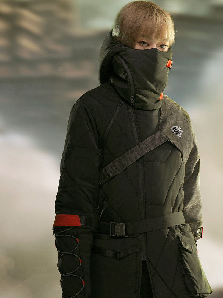 Mid-length Black Hooded Cotton Coat