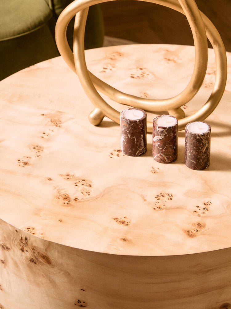 Natural Burl Wood Round Coffee Table with Drum Shape Design | Mota