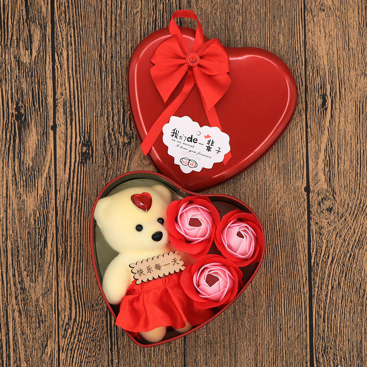 Soap Flower Gift Box Valentine's Day Gift Mother's Day Creative Gifts Bear Flower Rose Heart Shaped Tin Box