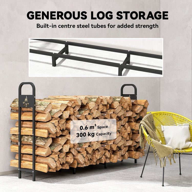 Outsunny 6.5 FT Steel Firewood Log Rack with 300 kg Capacity, Heavy Duty Indoor Outdoor Fireplace Wood Storage Shelf, Log Holder/Stand with Extra Support Legs, Decorative Bonfire Pattern, Black