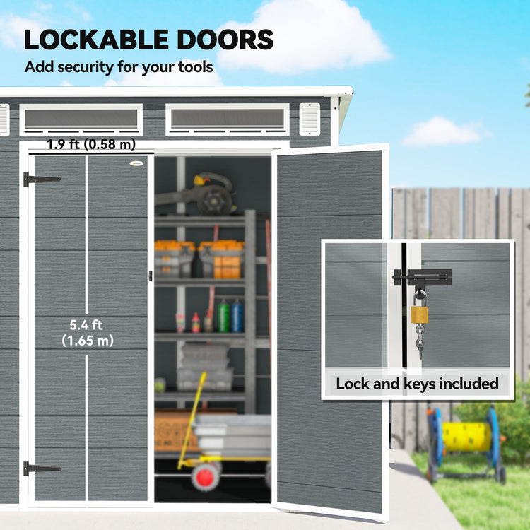 Outsunny 6 x 6 ft Plastic Garden Shed, Wood-Effect Outdoor Storage Shed with Floor, Windows, Lockable Doors and Vents, Grey