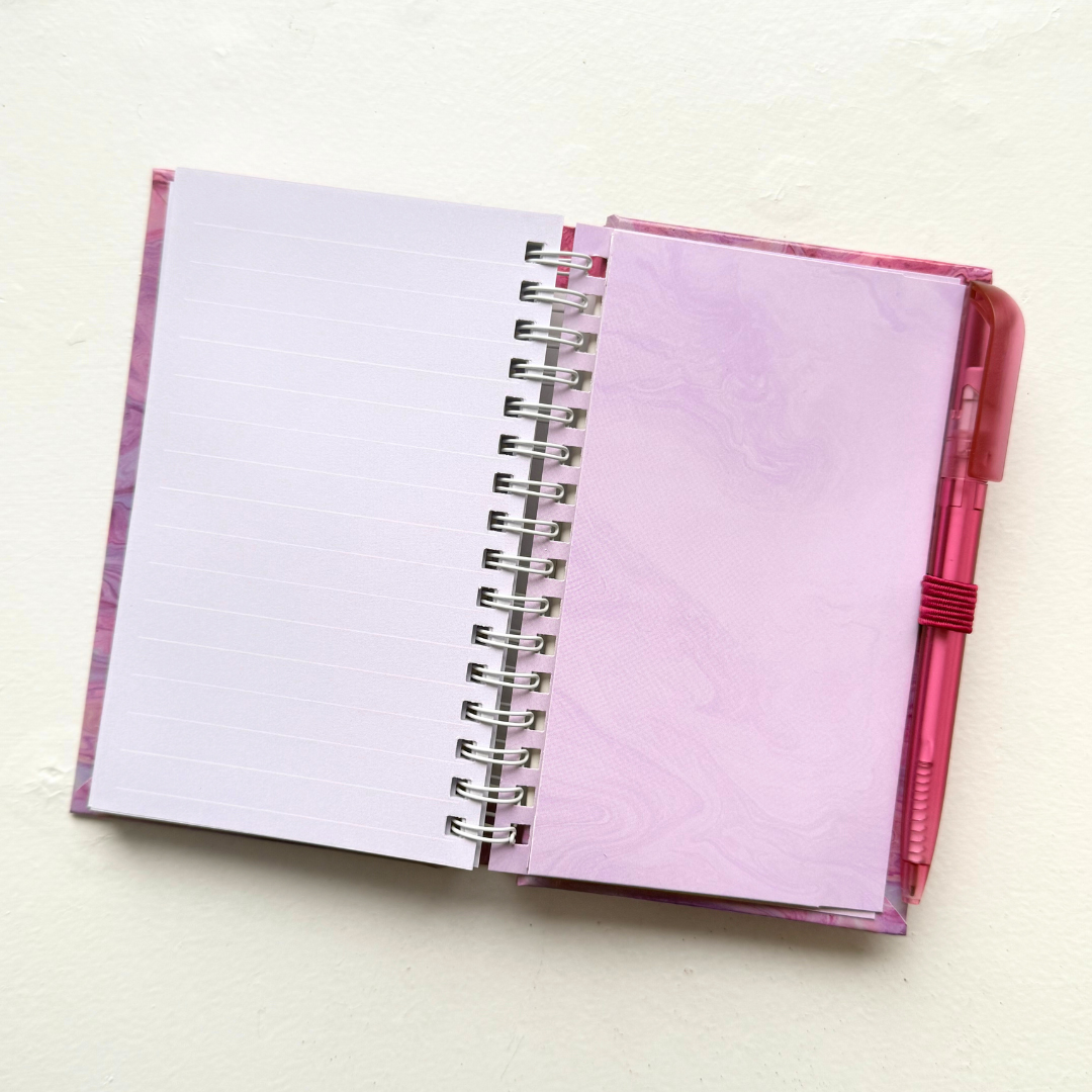 Pocket Notebook & Pen Set - Complete with an elastic tie and inside pocket - Purple