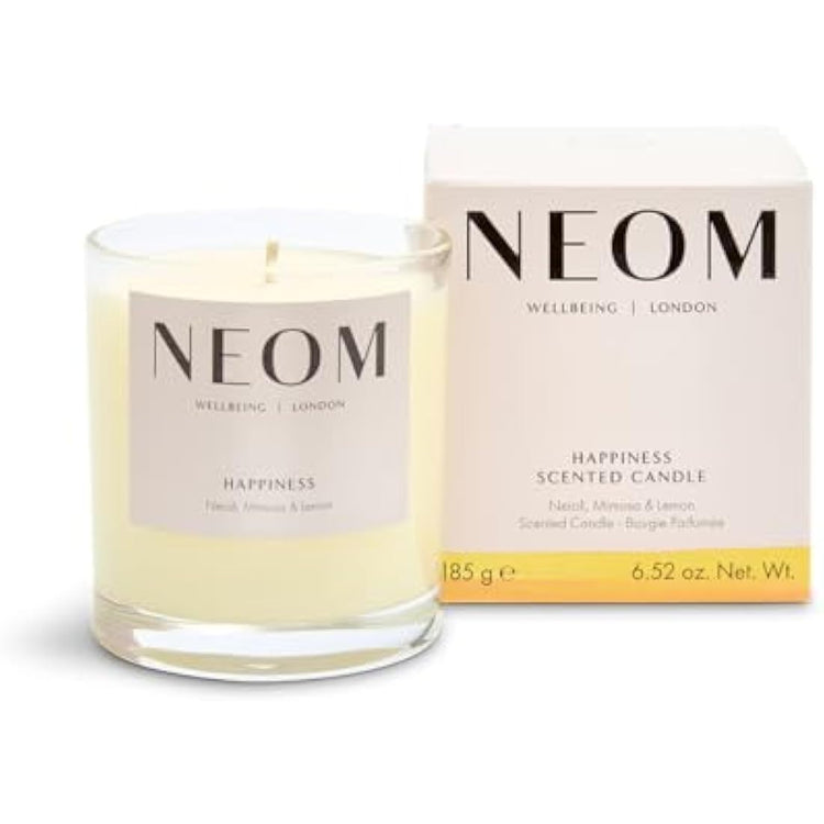 Neom Happiness Scented Candle, 1 Wick | Essential Oil Aromatherapy Candle | Neroli, Mimosa & Lemon | Scent to Make You Happy,White,185 g (Pack of 1),1101170