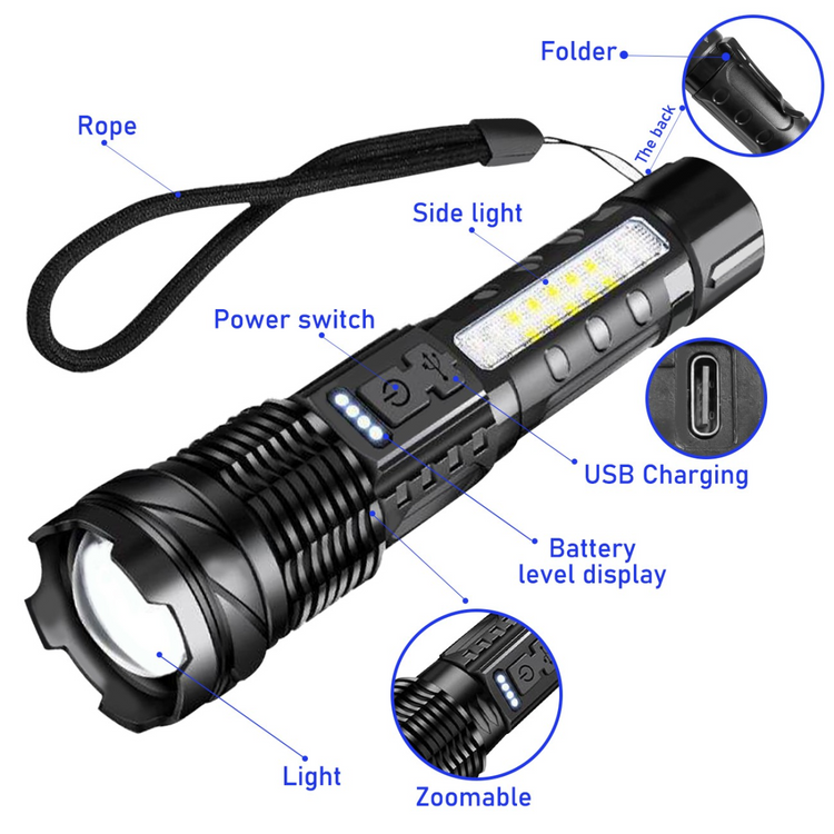 USB Rechargeable LED Flashlight Adjustable Focus Camping Hiking Outdoor Flashlight Work light