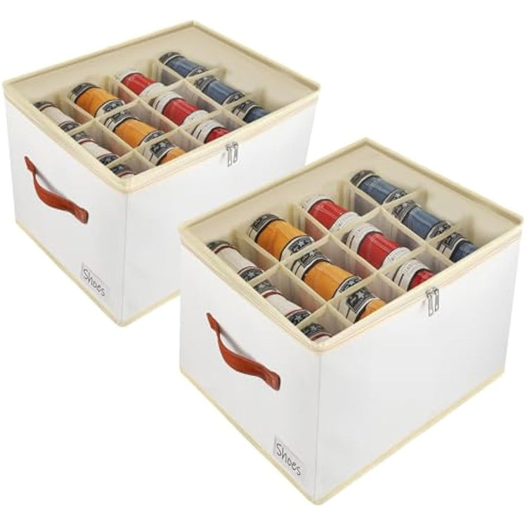 Patinao 2 Pack Shoe Storage Box Organiser for Closet - 24 Cell Space Saver Shoes Containers Bin with Clear Lids Stackable, Can Fit Ottoman, Foldable Shoe Rack Cabinet Cubby for Wardrobe