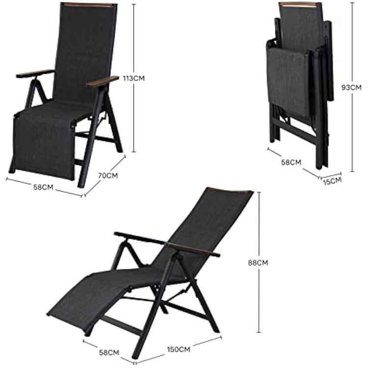 Grand patio Foldable Sun Lounger, Reclining Garden Chair, Aluminium Camping Chairs, Adjustable 6 Position High Backrest, Deck Chair for Garten, Outdoor, Poolside (Black)