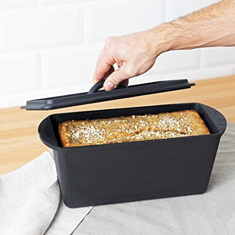 Navaris Bread Loaf Pan with Lid - Cast Iron Bread Baking Pan for Bulge Top or Flat Top Breads Meat Veg Meatloaf - Baking Tin 34 cm x 13 cm x 13 cm - Black