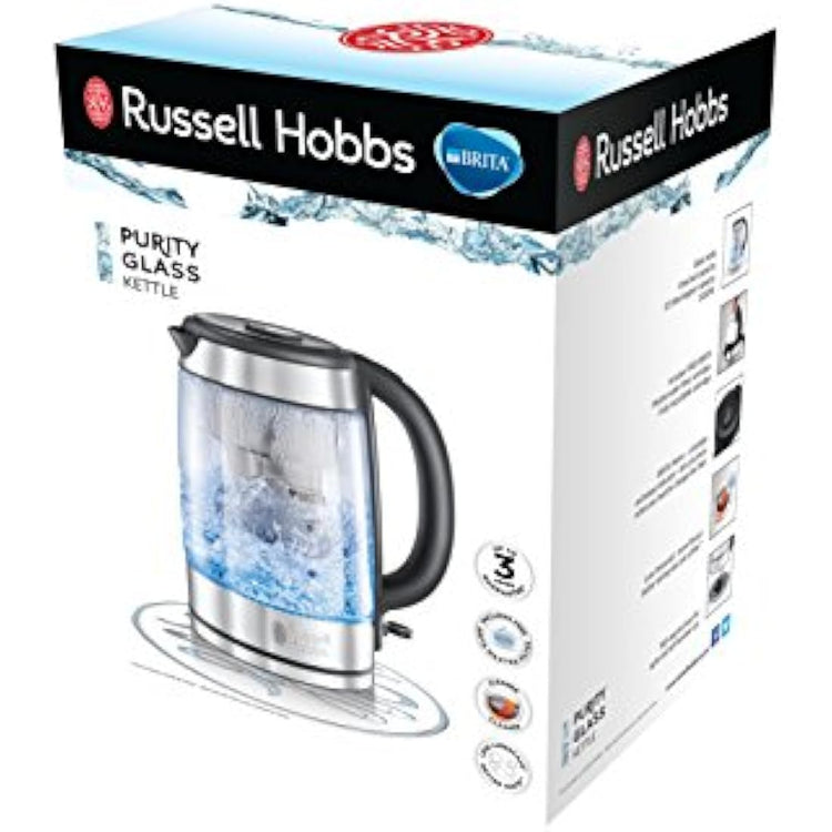 Russell Hobbs Brita Filter Purity Glass 1.5L Electric Cordless Kettle for cleaner, clearer water (Brita Maxtra+ Cartridge inc with replacement reminder, Fast boil 3KW, Perfect pour spout) 20760-10