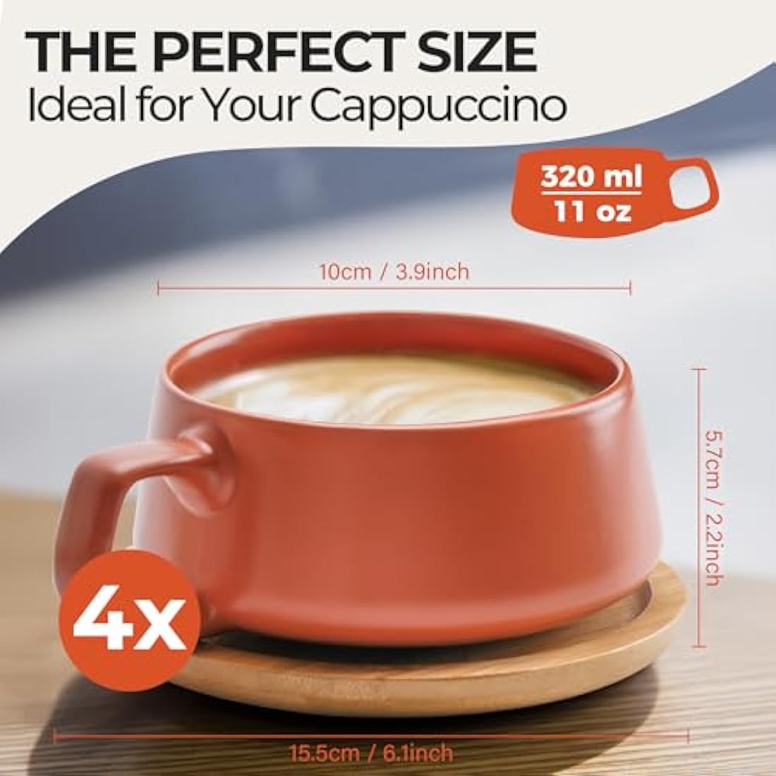 MIAMIO – 320 ml, Set of 4 Ceramic Tea Cup and Saucer Bamboo/Tea Mug - Wide Cappuccino Cup, Coffee Cups Ceramic Mug for Cappuccino, Latte, Espresso & Americano - Luxe Collection (Beige Pastel)
