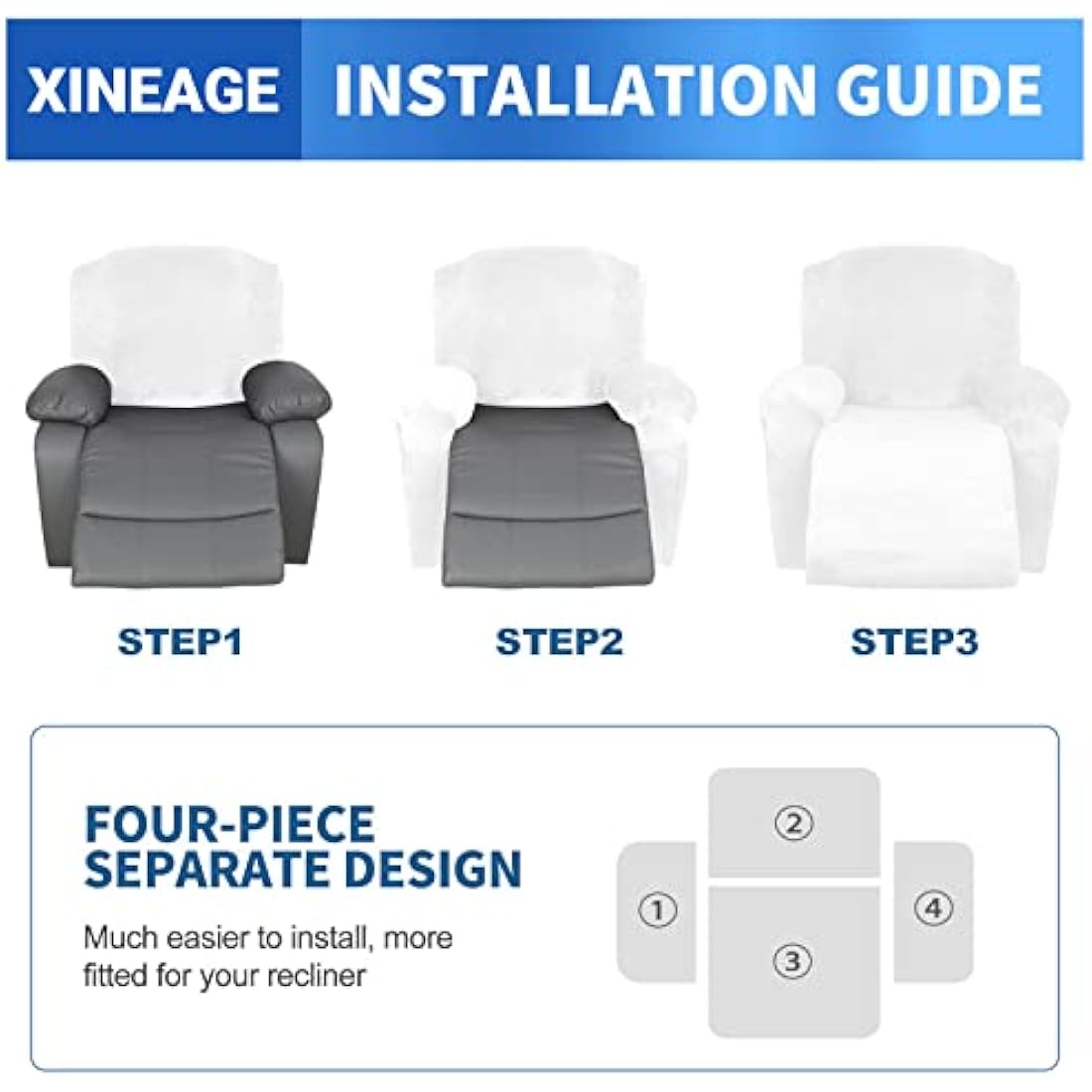 XINEAGE 4 Pieces Velvet Recliner Slipcover Stretch Recliner Chair Cover with Side Pocket Anti-Slip Fitted Recliner Cover Couch Furniture Protector with Elastic Bottom (Recliner, White)