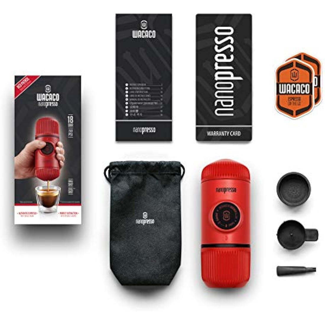 WACACO Nanopresso Portable Espresso Maker, Upgrade Version of Minipresso, 18 Bar Pressure, Red Patrol Edition, Small Travel Coffee Maker, Manually Operated, Compatible with Ground Coffee