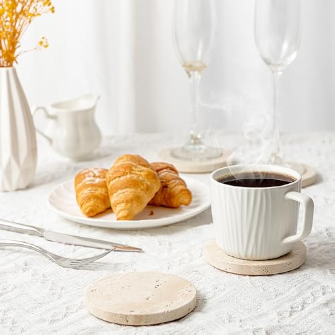 WORHE Marble Coaster for Drinks 4" Diameter Set of 4 Round Travertine Coasters for Home Decor Office Parties Birthday Housewarming Gift, Protect Countertops from Dirty,Sturdy and Tough Beige BD140