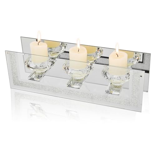 London Boutique Mirrored Candle Holder for 3 Candles – Sparkling Silver Frame with K9 Crystal Holders, Luxury Glass Tea Light & Votive Display Stand, Home Décor & Gift Idea (Round Cups)