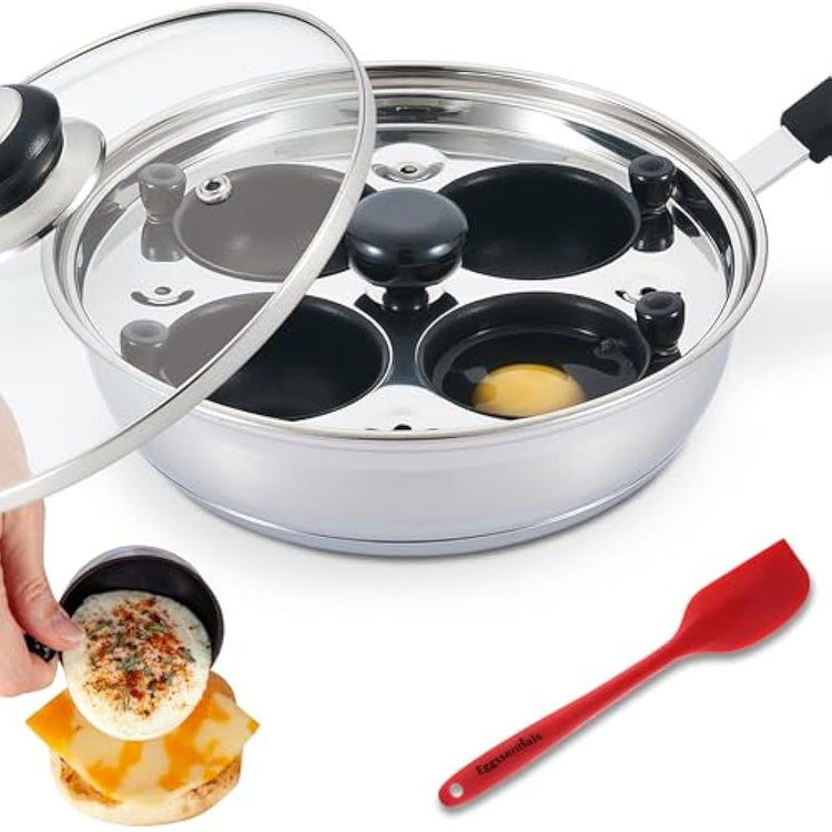 Eggssentials Poached Egg Maker - Nonstick 4 Egg Poaching Cups - Stainless Steel Egg Poacher Pan FDA Certified Food Grade Safe PFOA Free with Bonus Spatula