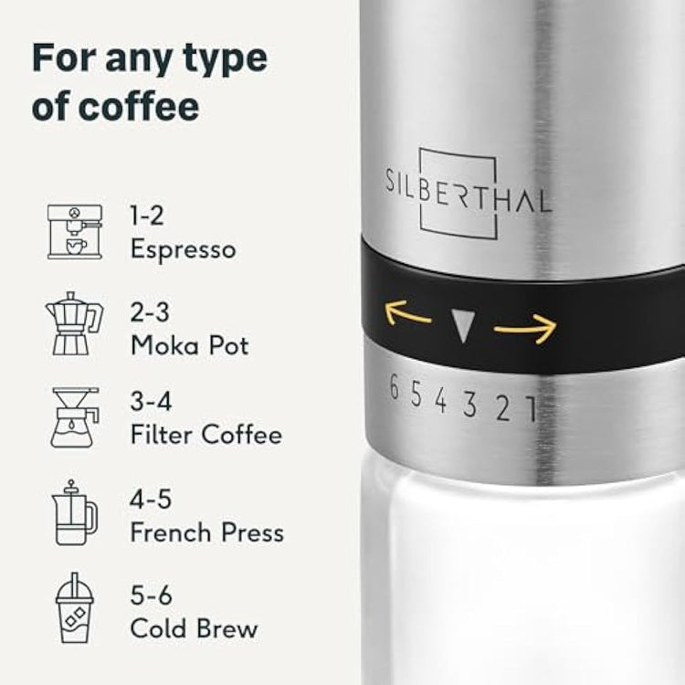 SILBERTHAL Manual Coffee Grinder – Stainless Steel – 6 Adjustable Levels – Portable Coffee Bean Grinder – with Storage Container and Cleaning Brush
