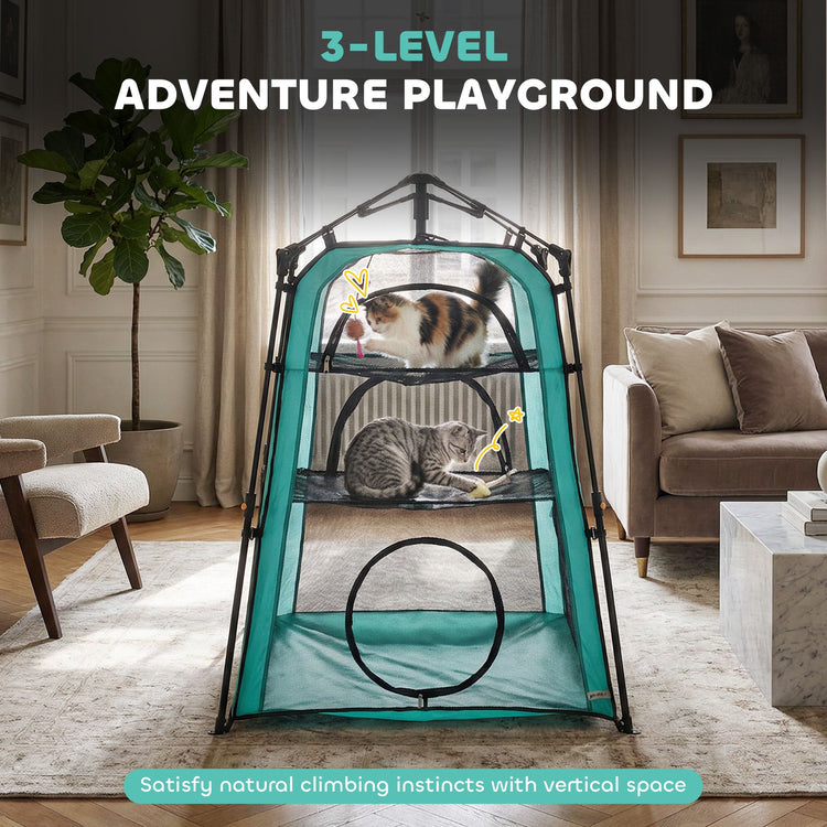 PawHut Cat Tent, 3-Tier Portable Pet Tent for Indoor Outdoor, Cat House with Multi-Door, Carry Bag, Breathable Mesh