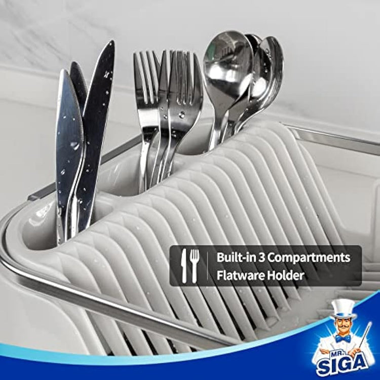 MR.SIGA Dish Drying Rack for Kitchen Counter, Compact Dish Drainer with Drainboard, Utensil Holder and Cup Rack, Plastic Kitchen Drying Rack for Dishes, Cups, Knives, Spoons and Forks, White