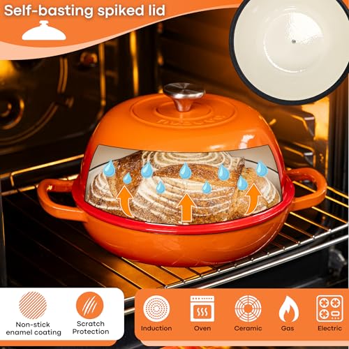 Enamelled Cast Iron Dutch Oven Pot Dutch Oven For Sourdough Bread Baking Cast Iron Bread Pot Orange, 6 Quarts, 22cm by Nuovva