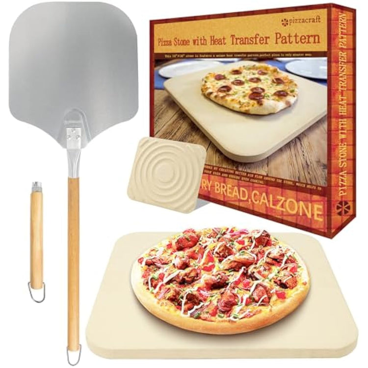 Pizza Stone and Peel Set -Bread Baking Stone (35X40CM) for ORectangular Stone for Oven and Grill–Innovative Threaded Heat Transfer Design