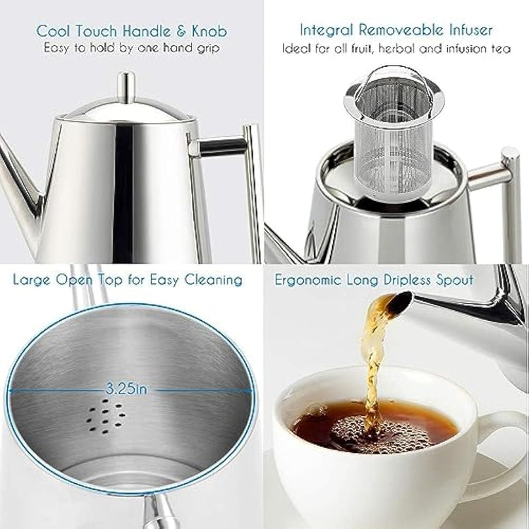 Easyworkz Stainless Steel 1500ml Teapot with Removeable Infuser Tea Maker for Fruit Herbal and Infusion Tea