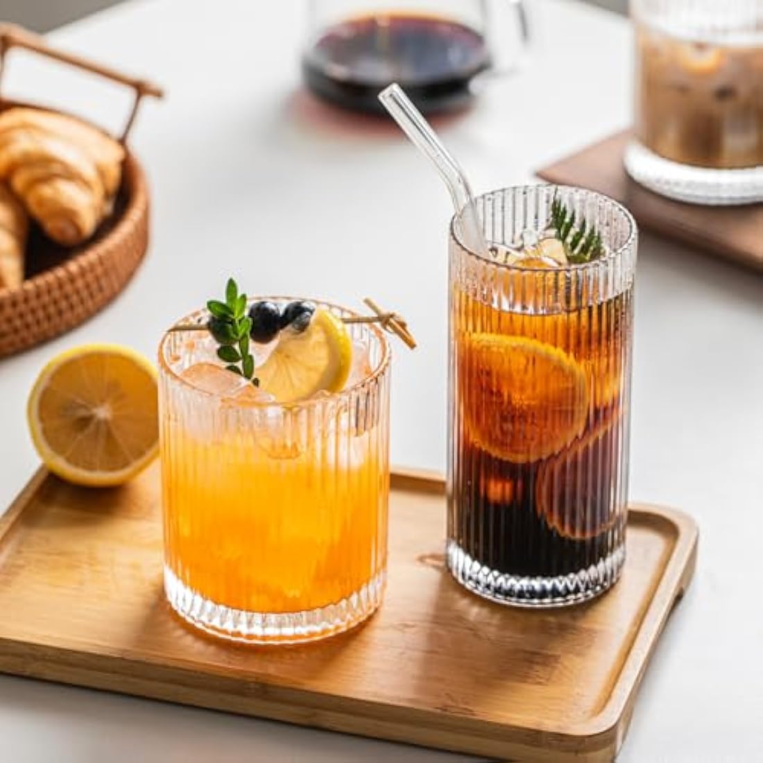 INSETLAN 8 Piece Ribbed Glassware - 4 Highball Glasses 12 oz, 4 Rocks Glass Cups 14 oz, Vintage Cocktail Drinking Glasses, Ideal for Wine, Juice, Water, Ice Coffee Cup, Whiskey, Mixed Drinkware