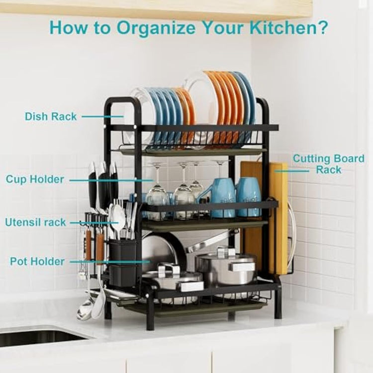 Dish Drainers Rack with Drip Tray, 3 Tier Large Dish Drying Rack with Draining Board and Cutlery /Chopping Board Holder over Sink, Dish Dryer Rack For Plate/Utensil on Kitchen Countertop (3-tier)