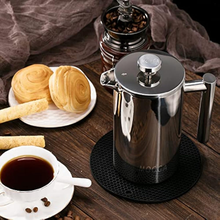 MOGGA Cafetiere 34oz/1000ml Coffee Maker Double Walled Insulated French Press with Silver Color and Large Capacity Stainless Steel Coffee Pot Easy to Use and Clean in Home Office and Camping
