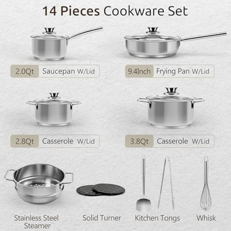 14-Piece Stainless Steel Cookware Set with Glass Lids