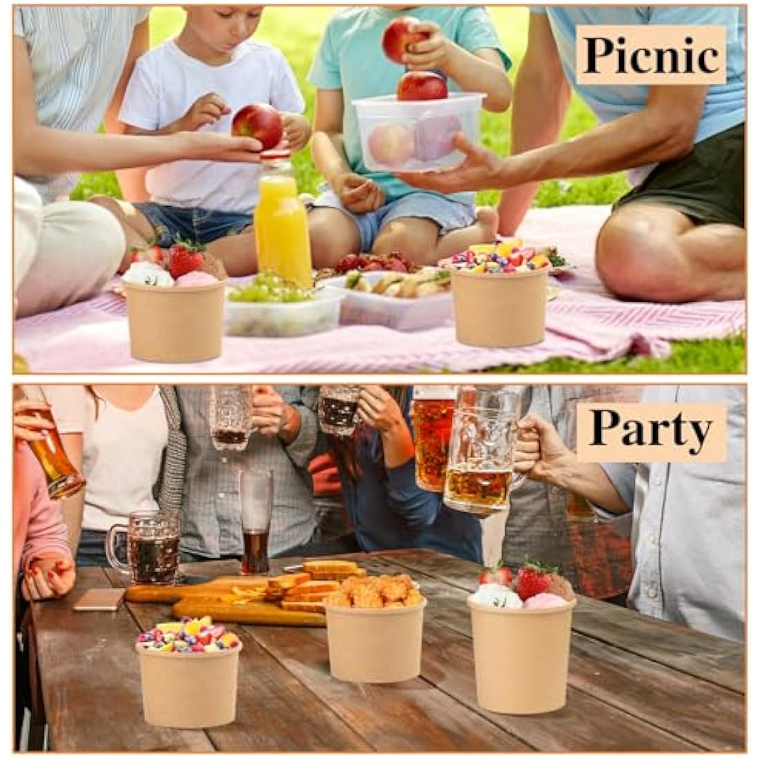 BUOKKON 50 Pack Ice Cream Containers, Soup Containers with Lids, Disposable Cups with Lids, Brown Kraft Soup Cups Paper Bowls Takeaway Tubs for Dessert (12oz / 350ML)