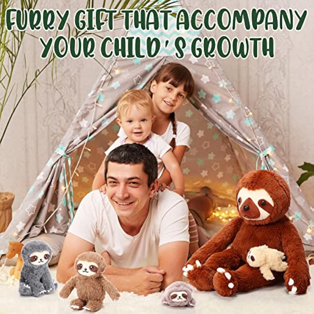 Kasyat 5 Pcs Sloth Plush Toy Set 13 Inch Mommy Sloth Stuffed Animal with 4 Cute Baby Plushies in Zippered Belly for Kids Birthday Gifts Home Decors Baby Shower Party Favors(Brown)
