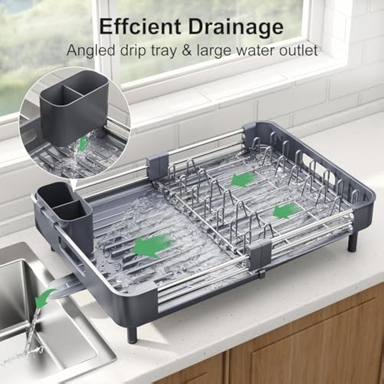 SAYZH Dish Drainer Rack, Kitchen Dish Drying Rack, Expandable(33.5 CM-50 CM) Stainless Steel Sink Organizer Dish Rack and Drainboard Set with Utensil Holder Cups Holder for Kitchen Counter(Grey)