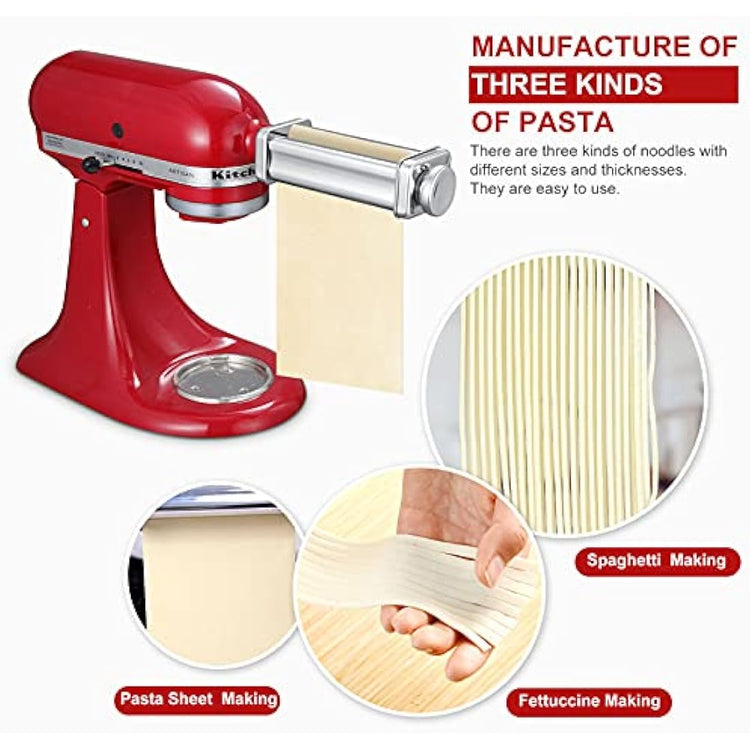 Pasta Maker Attachment Set for KitchenAid Stand Mixers Included Noodle Lattice Roller, Spaghetti Cutter, Pasta Roller and Cleaning Brush