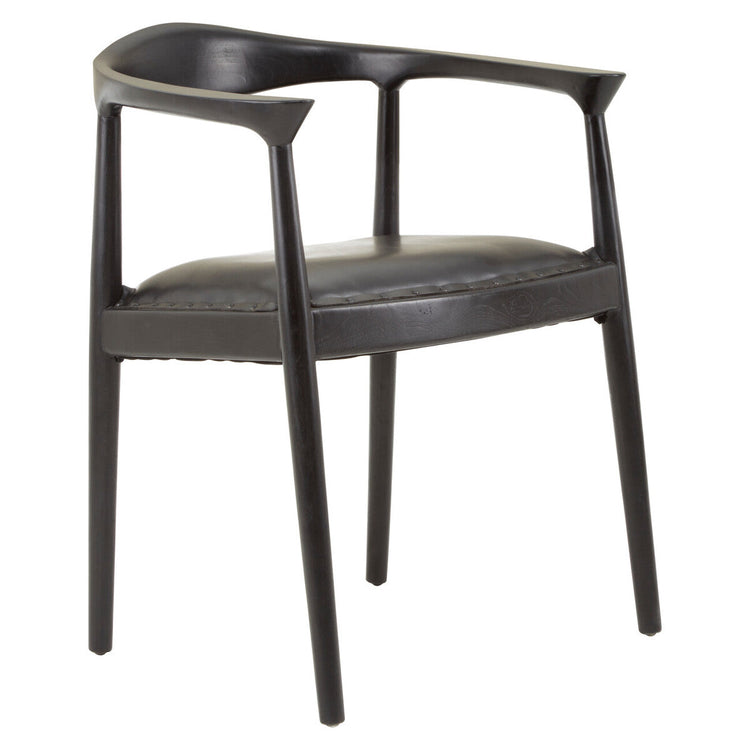Kendari Black Leather and Teak Wood Armchair with Stud Detail