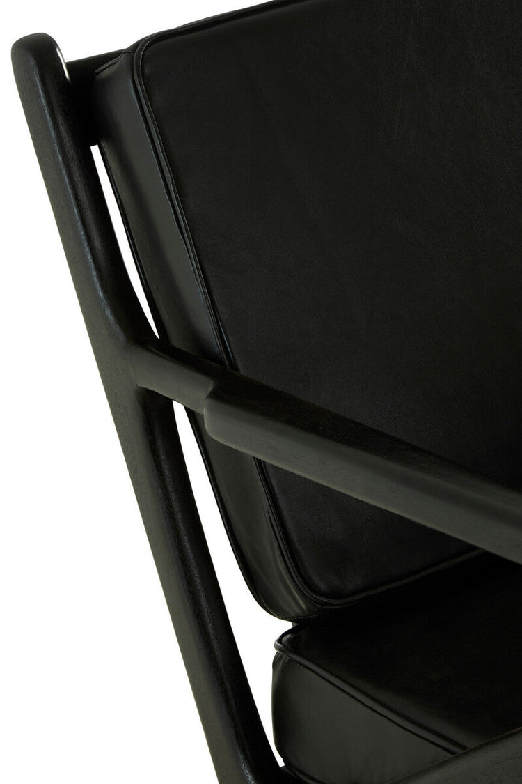 Kendari Black Leather and Teak Wood Frame Armchair