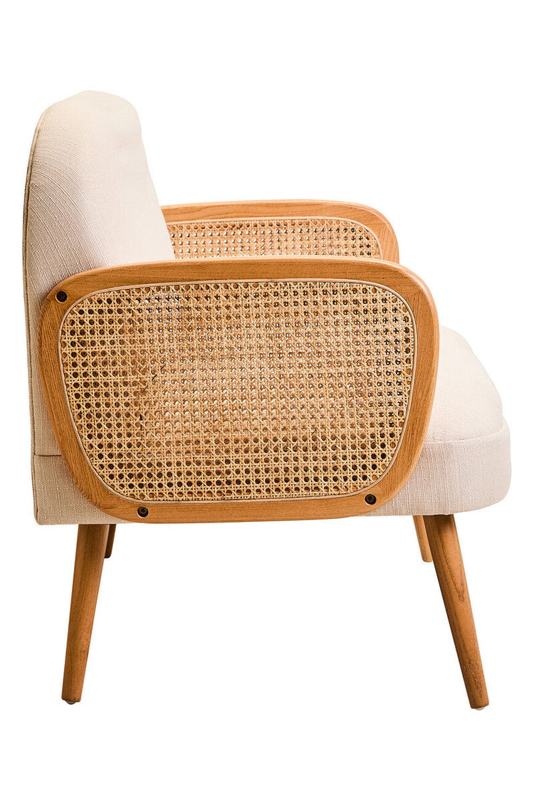 2 Seater Ivory Fabric and Cane Sofa with Elm Wood Legs, Cebu