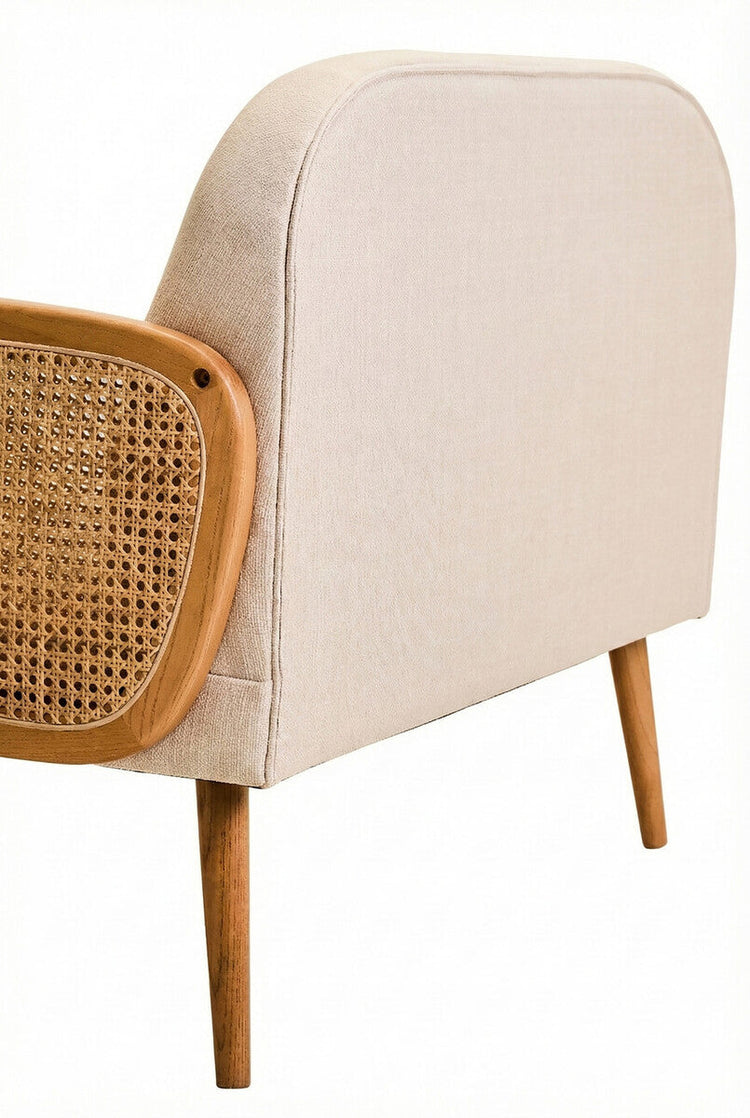 2 Seater Ivory Fabric and Cane Sofa with Elm Wood Legs, Cebu