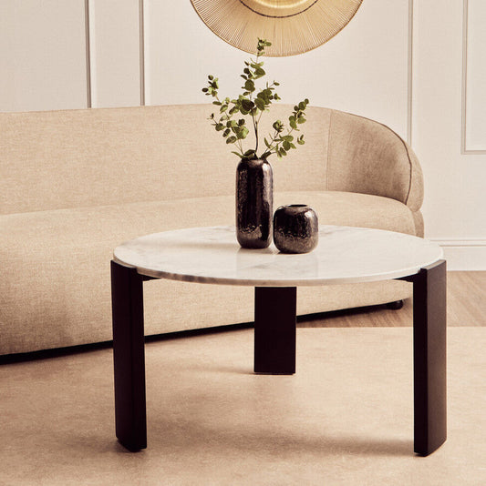 White Round Marble Top Large Coffee Table with Black Acacia Legs, Palermo