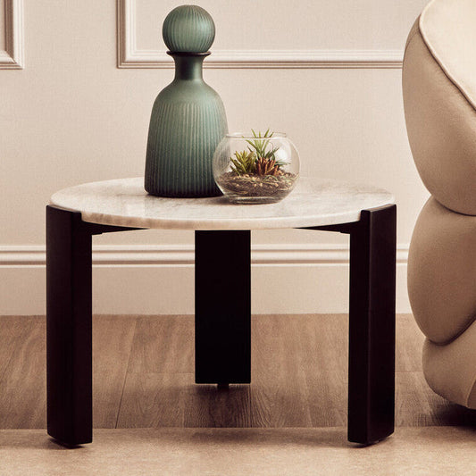 White Round Marble Top Small Coffee Table with Black Acacia Legs, Palermo