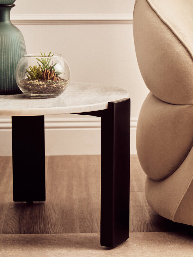 White Round Marble Top Small Coffee Table with Black Acacia Legs, Palermo