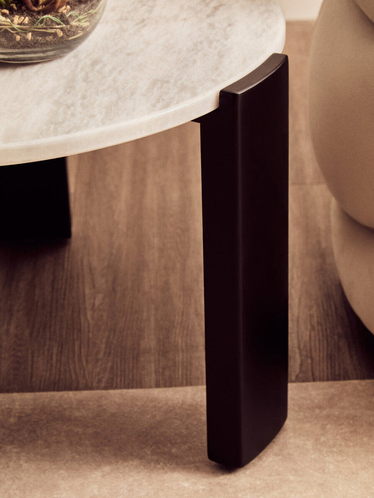White Round Marble Top Small Coffee Table with Black Acacia Legs, Palermo