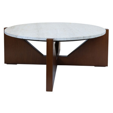 Cream Travertine Top Coffee Table with Brown Acacia Wood Geometric Frame, Walton