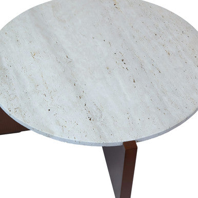 Cream Travertine Top Coffee Table with Brown Acacia Wood Geometric Frame, Walton