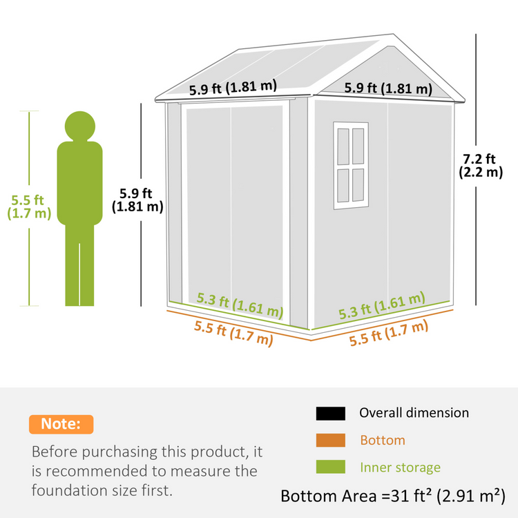 Outsunny 6 x 6ft Plastic Garden Shed with Floor, Window, Vents, Grey