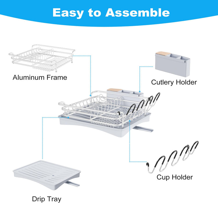 BRIAN & DANY Aluminum Dish Drying Rack, Dish Drainer with Removable Cutlery Holder & Cup Holder, Unique 360 Swivel Spout Drain Board, Grey