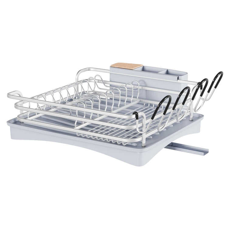 BRIAN & DANY Aluminum Dish Drying Rack, Dish Drainer with Removable Cutlery Holder & Cup Holder, Unique 360 Swivel Spout Drain Board, Grey