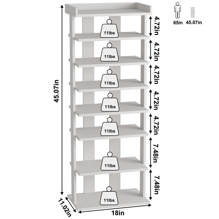 HOME BI Narrow Shoe Rack, Double Rows 7-Tier Wood Shoe Shelf, Vertical Shoe Storage Cabinet, Shoes Tower Organizer for Narrow Closet, Entryway,